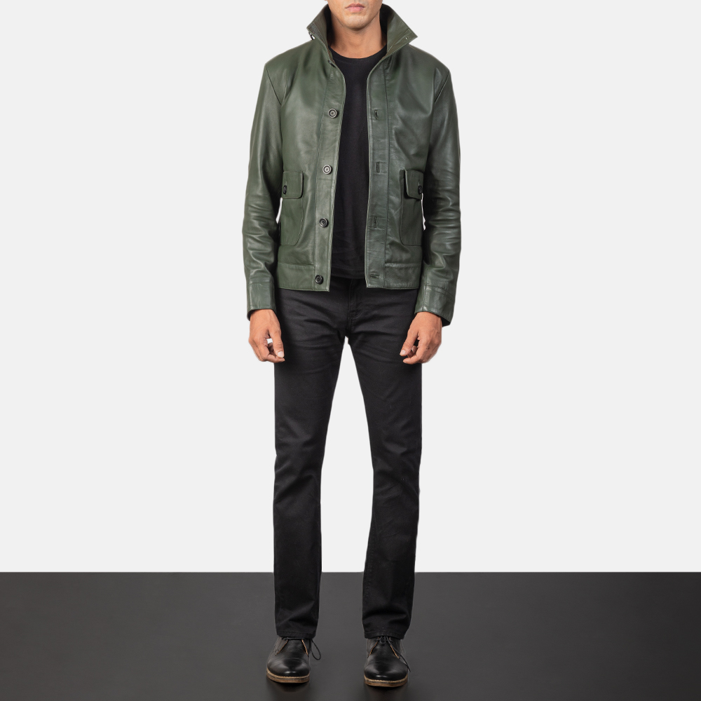 Green leather 2025 bomber jacket mens